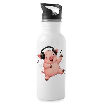 Schwein tanzt singt Bauer Bauernhof Musik - Trinkflasche mit integriertem Trinkhalm - Weiß - Rechts