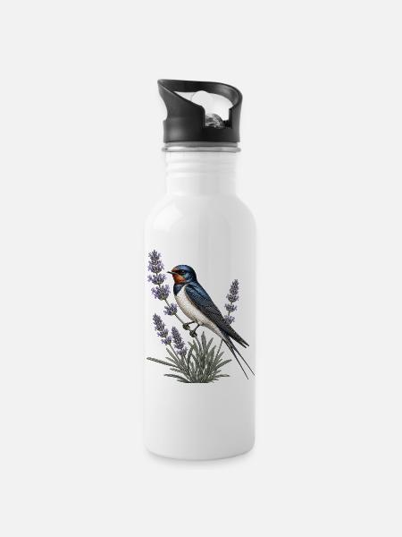 Barn Swallow auf Lavendel - Trinkflasche mit integriertem Trinkhalm - Weiß