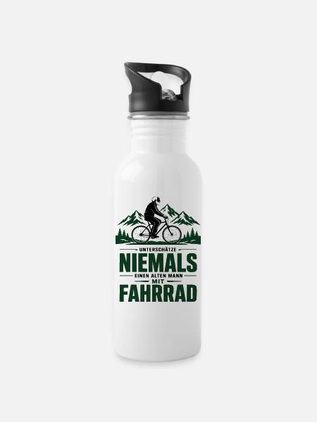 Nie einen alten Mann mit Fahrrad - Trinkflasche mit integriertem Trinkhalm - Weiß
