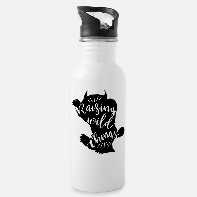 raising wild things. Geschenkidee für Mama - Trinkflasche mit integriertem Trinkhalm - Weiß