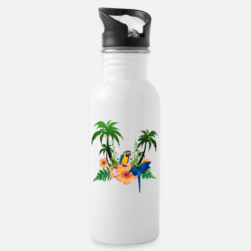 Tropisches Design mit Palmen und Papagei. - Trinkflasche mit integriertem Trinkhalm - Weiß