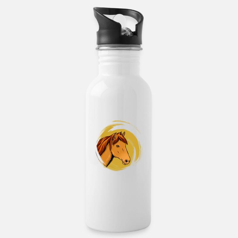 Klassischer Pferdekopf mit Goldhintergrund - Trinkflasche mit integriertem Trinkhalm - Weiß
