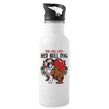 Bulldog mit Herz und Blumen - Trinkflasche mit integriertem Trinkhalm - Weiß - Rechts