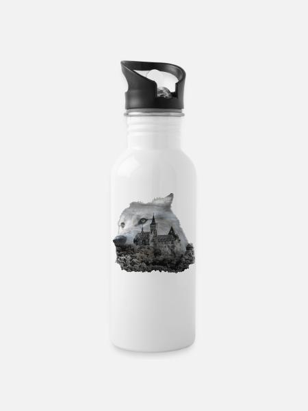 Wolf, Wolfskopf und der Harz - Trinkflasche mit integriertem Trinkhalm - Weiß