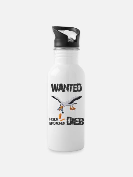 Wanted - Der berüchtigte Fischbrötchen Dieb - Trinkflasche mit integriertem Trinkhalm - Weiß