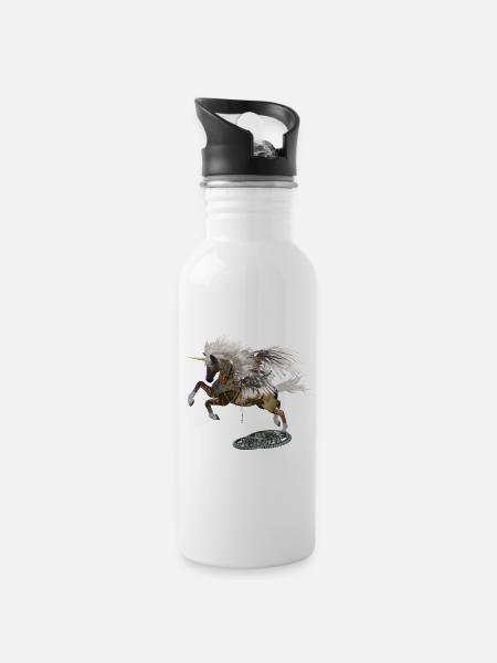 Wunderbares Steampunk-Einhorn mit Pilzen - Trinkflasche mit integriertem Trinkhalm - Weiß