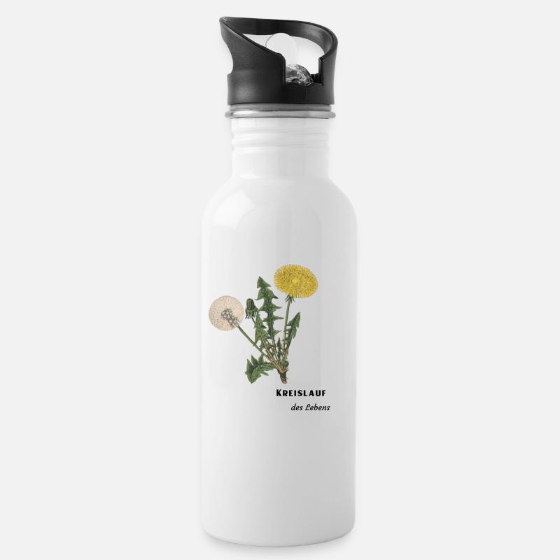 Kreislauf des Lebens, Löwenzahn, Pusteblume - Trinkflasche mit integriertem Trinkhalm - Weiß