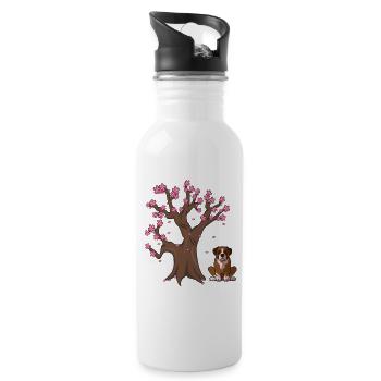 Boxer Dog Japanese Cherry Blossom Tree - Water bottle with straw - white - Right