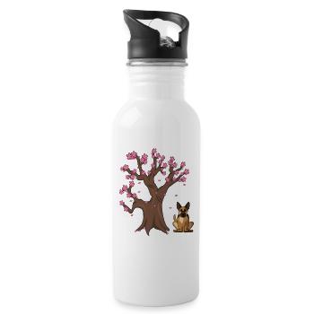 German Shepherd Dog Japanese Cherry Blossom Tree - Water bottle with straw - white - Right