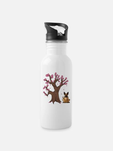 German Shepherd Dog Japanese Cherry Blossom Tree - Water bottle with straw - white