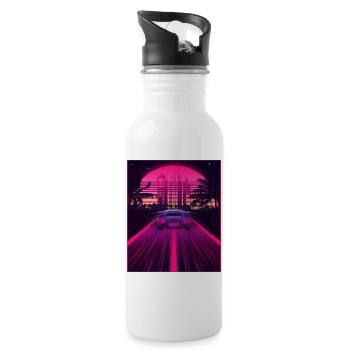 Synthwave Aesthetic Retro Vaporwave 80s 90s Auto - Water bottle with straw - white - Right