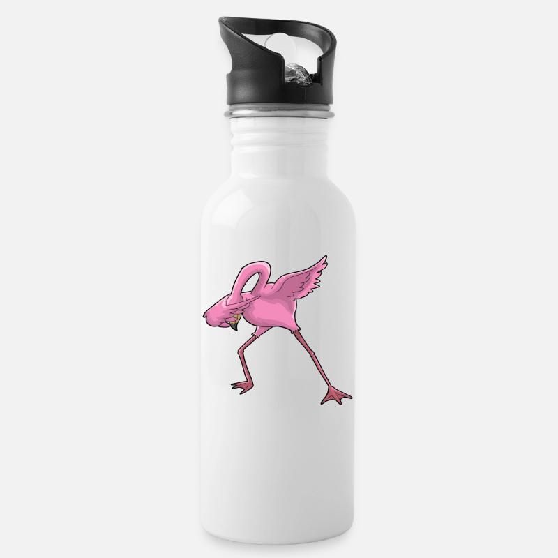 Flamingo Dabbing - Trinkflasche mit integriertem Trinkhalm - Weiß