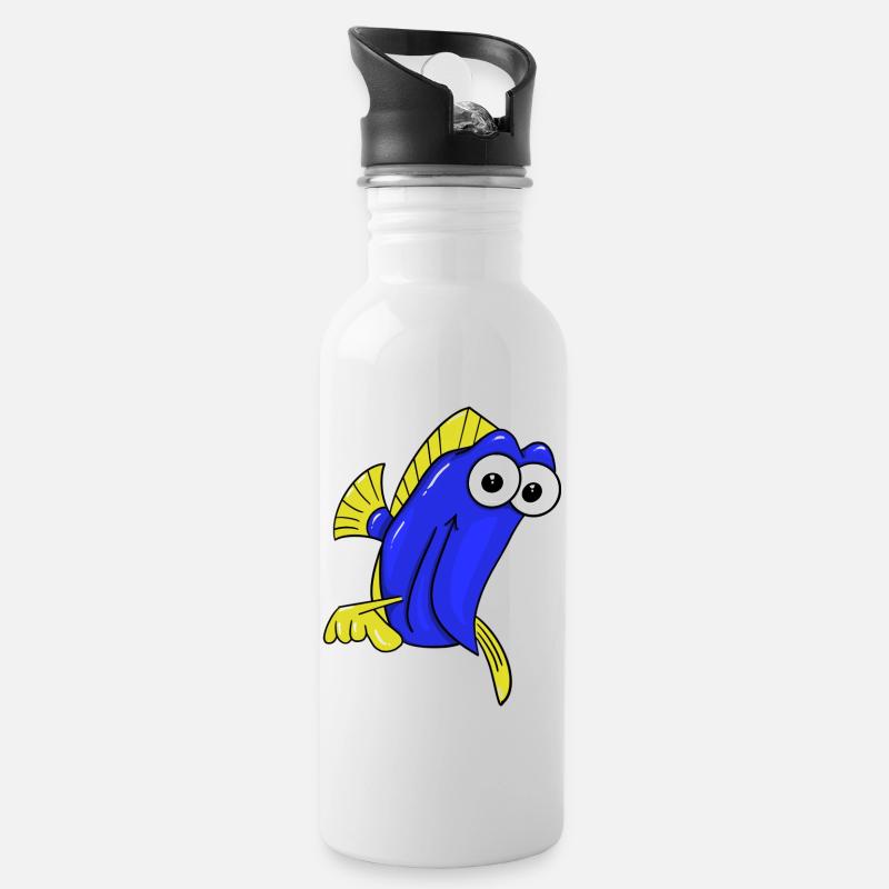 Blauer und gelber Fisch - Trinkflasche mit integriertem Trinkhalm - Weiß
