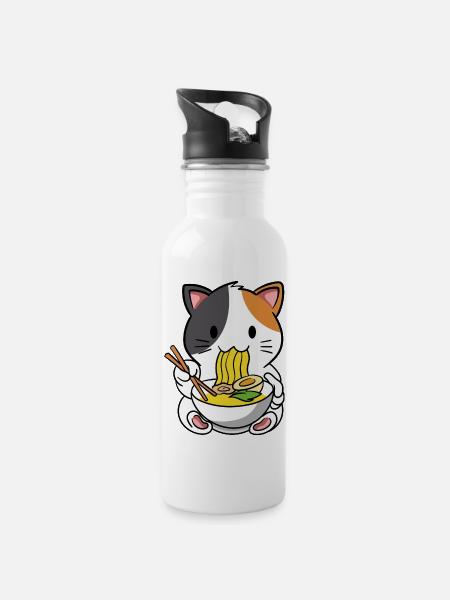 Katze Ramen Nudelsuppe - Trinkflasche mit integriertem Trinkhalm - Weiß