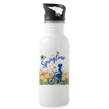 Spring, Women T Shirt, Spring Beginning - Water bottle with straw - white - Right
