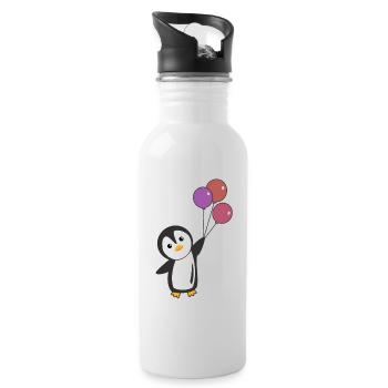 Lustiger Pinguin fliegt mit Ballons oben - Trinkflasche mit integriertem Trinkhalm - Weiß - Rechts