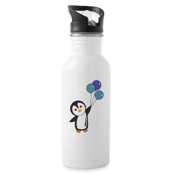 Lustiger Pinguin fliegt mit Ballons oben - Trinkflasche mit integriertem Trinkhalm - Weiß - Rechts