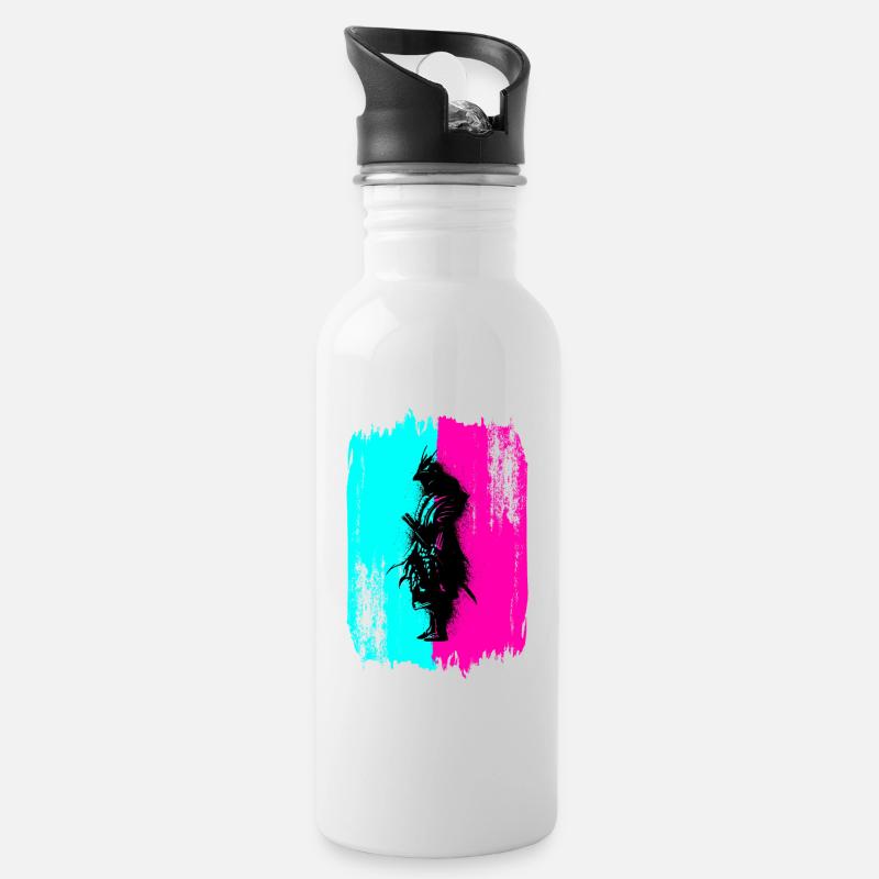 Samurai Silhouette Japan Krieger Schwarz Kunst - Trinkflasche mit integriertem Trinkhalm - Weiß
