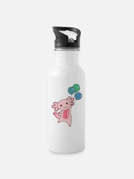 Axolotl süß Tier fliegt mit Luftballons nach oben - Trinkflasche mit integriertem Trinkhalm - Weiß