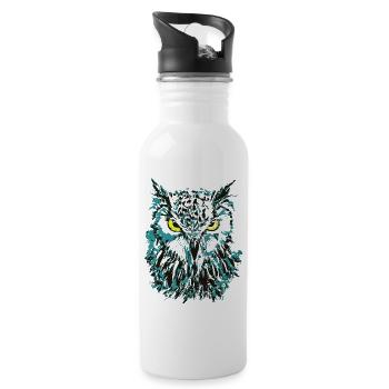 Owl Drawing - Blue Owl with Shining Eyes - Water bottle with straw - white - Right