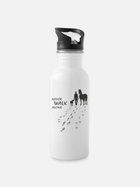 Never walk alone - Hund Pferd Reiter gemeinsam - Trinkflasche mit integriertem Trinkhalm - Weiß
