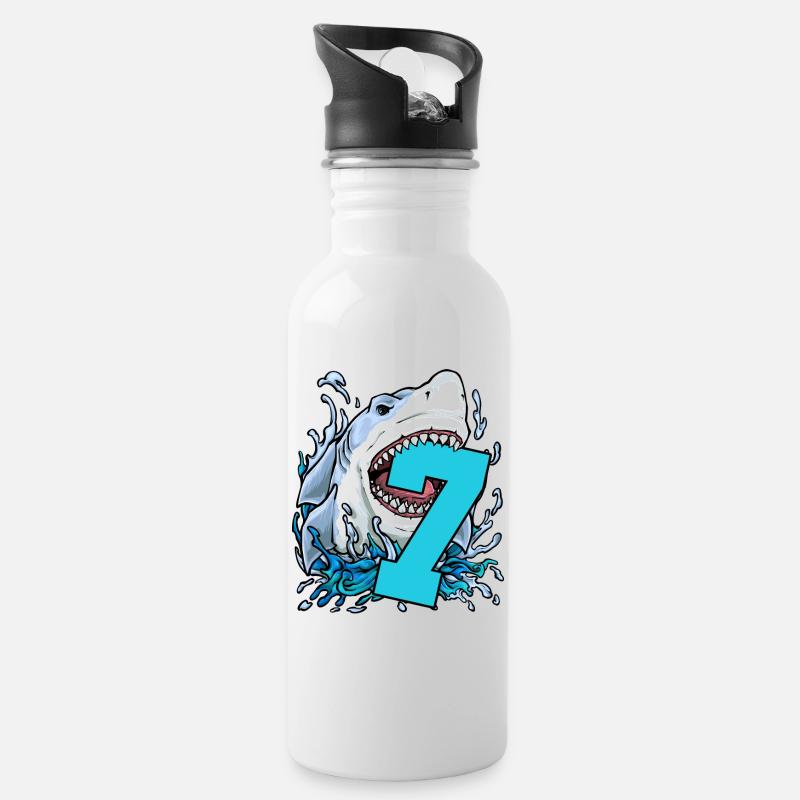 7. Geburtstag Hai - Trinkflasche mit integriertem Trinkhalm - Weiß