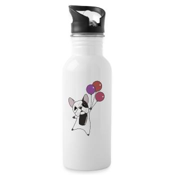 Bulldog flies balloons above cute animals dogs - Water bottle with straw - white - Right
