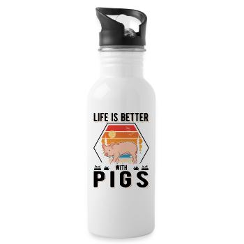 Life is better with Pigs Schweine - Trinkflasche mit integriertem Trinkhalm - Weiß - Rechts
