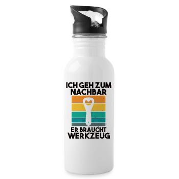 Ich geh zum Nachbarn er braucht Werkzeug - Trinkflasche mit integriertem Trinkhalm - Weiß - Rechts
