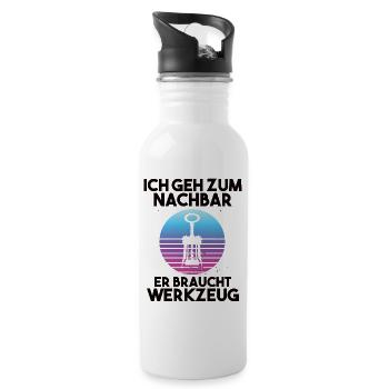 Ich geh zum Nachbarn er braucht Werkzeug - Trinkflasche mit integriertem Trinkhalm - Weiß - Rechts