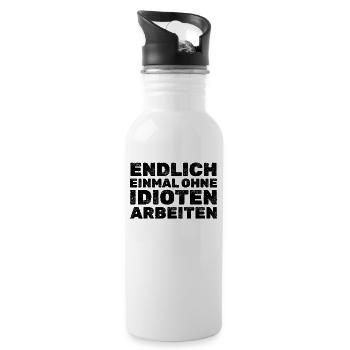 Endlich Einmal ohne Idioten arbeiten I Lustige - Trinkflasche mit integriertem Trinkhalm - Weiß - Rechts