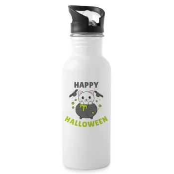 Katze Happy Halloween Hexenkessel Fledermaus - Trinkflasche mit integriertem Trinkhalm - Weiß - Rechts