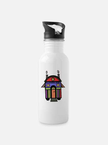 Bauwagen farbenfroh bunt Hippie Haus wohnen Öko - Trinkflasche mit integriertem Trinkhalm - Weiß