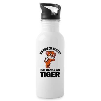 Tiger Spruch lustig - Ich denke an Tiger - Trinkflasche mit integriertem Trinkhalm - Weiß - Rechts
