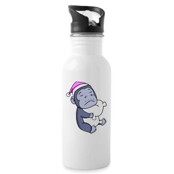 Gorilla mit Kissen und Schlafmütze - Trinkflasche mit integriertem Trinkhalm - Weiß - Rechts