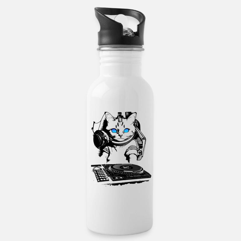 Katzen DJ mit Mischpult - Trinkflasche mit integriertem Trinkhalm - Weiß