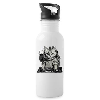 DJ Katze mit Mischpult - Trinkflasche mit integriertem Trinkhalm - Weiß - Rechts