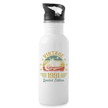 Vintage 1991 Retro Motorcycle Birthday Gift - Water bottle with straw - white - Right