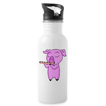 Pig Kids Motif Playing Flute - Water bottle with straw - white - Right