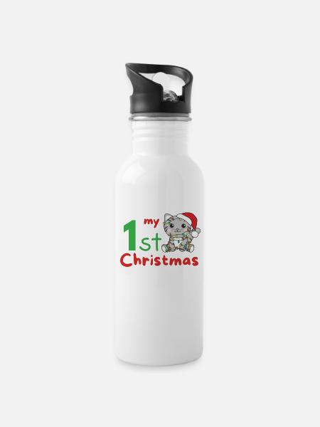 Katze Weihnachten Katzen my 1st Christmas - Trinkflasche mit integriertem Trinkhalm - Weiß