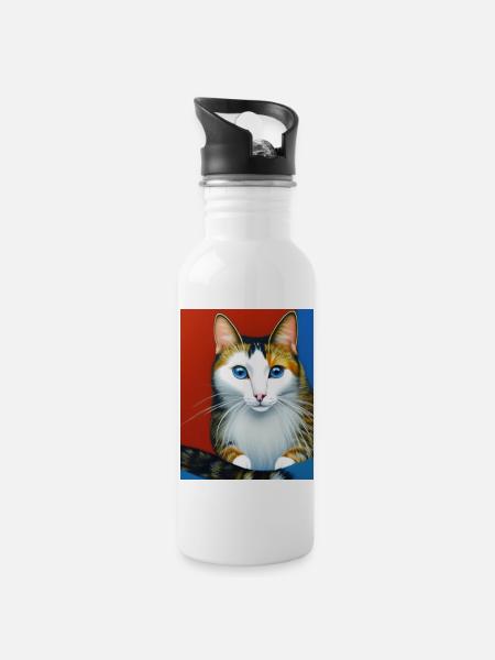 Katze - Trinkflasche mit integriertem Trinkhalm - Weiß
