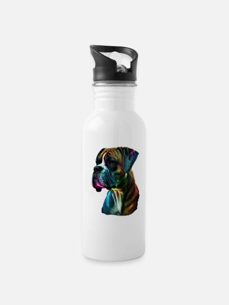 Boxer Hund bunt - Trinkflasche mit integriertem Trinkhalm - Weiß