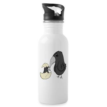 Crow Family - Crow with Baby - Crow Motif - Water bottle with straw - white - Right
