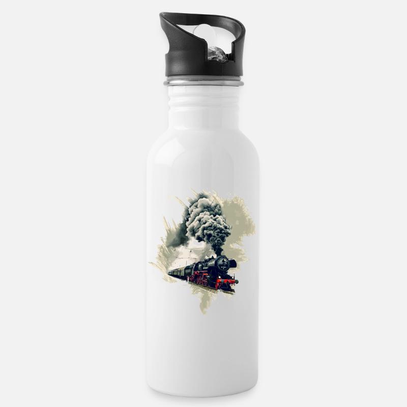 Alte Dampflok - Trinkflasche mit integriertem Trinkhalm - Weiß