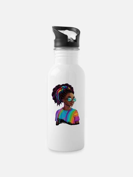 Bunte Dreadlocks und Regenbogen-T-Shirt - Trinkflasche mit integriertem Trinkhalm - Weiß