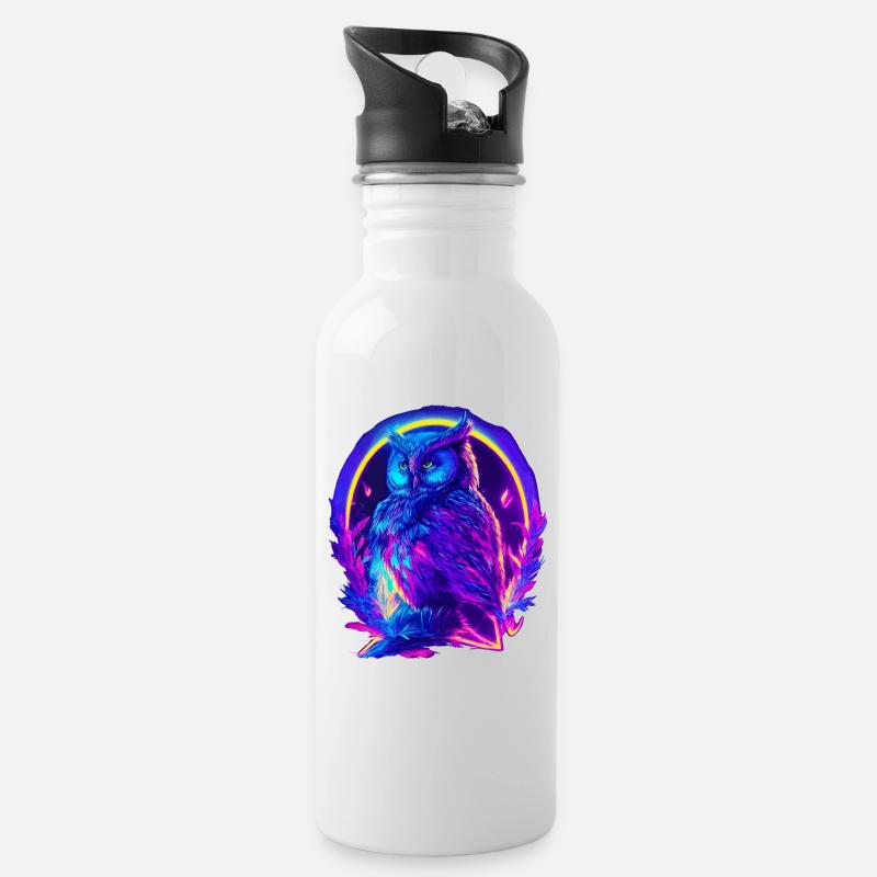 Mystisch leuchtende Eule Neon Synthwave - Trinkflasche mit integriertem Trinkhalm - Weiß