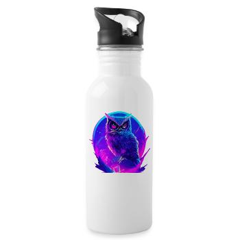 Owl Vaporwave Owls Bird Neon Artwork - Water bottle with straw - white - Right