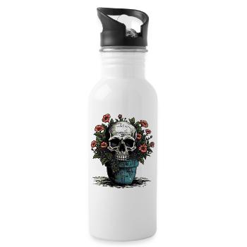 Totenkopf und Topfpflanzen - Trinkflasche mit integriertem Trinkhalm - Weiß - Rechts