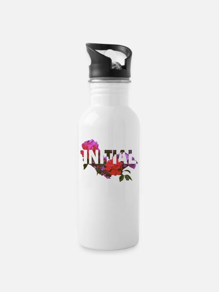 Initial Flowers - Trinkflasche mit integriertem Trinkhalm - Weiß