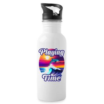 Delphin und Welle - Trinkflasche mit integriertem Trinkhalm - Weiß - Rechts